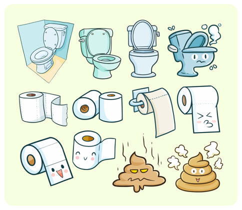 厕所有趣和可爱的toliet房间主题插图在kawaii涂鸦风格清洁卫生床单