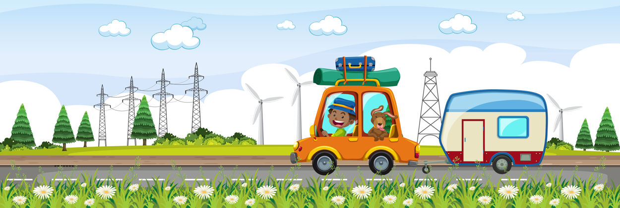 草地白天 孩子们在水平农场里进行公路旅行水平国家风车