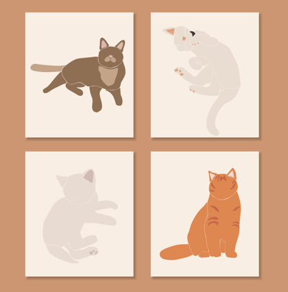 插图抽象猫集 波西米亚可爱的动物隔离 可爱的猫为印刷品 极简主义的图形元素 插图动物宠物猫