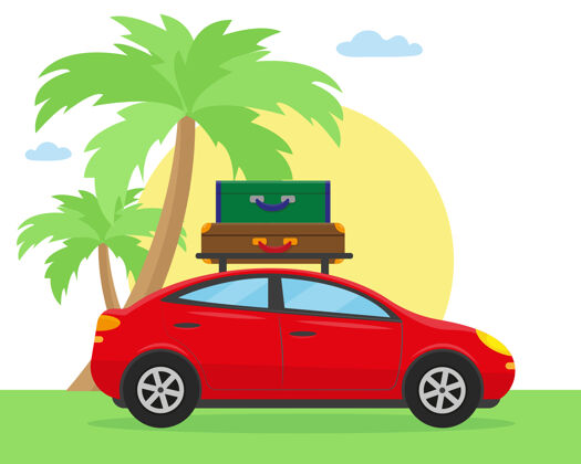 旅游时间旅行或乘汽车旅行的概念汽车行李棕榈