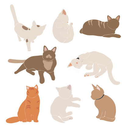 动物抽象猫集 波西米亚可爱的动物隔离 可爱的猫为印刷品 极简主义的图形元素 插图宠物猫插图