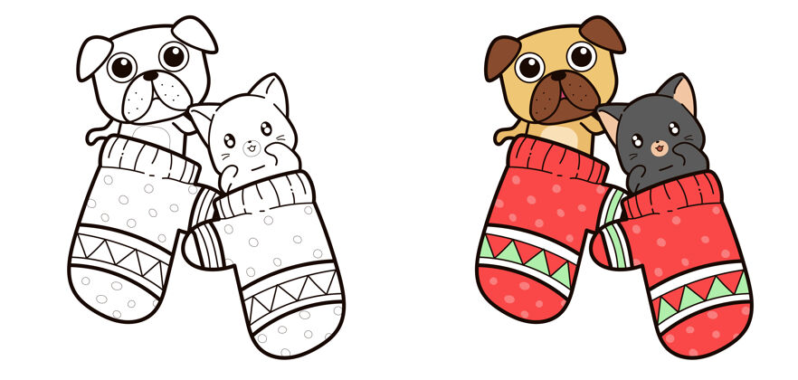 狗狗和猫里面手套卡通彩页涂鸦动物幼稚