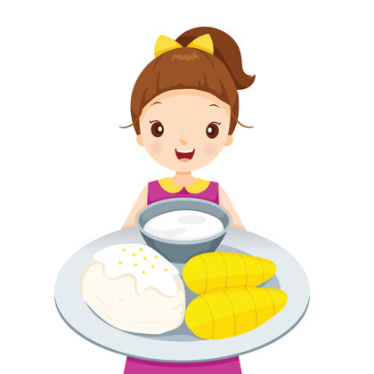 芒果女孩展示芒果和糯米 在盘子上牛奶菜肴米饭