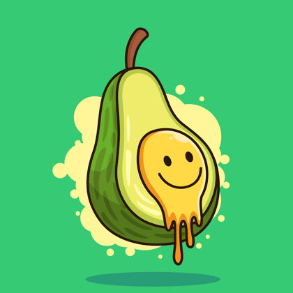 营养可爱的微笑鳄梨卡通图标插图.食物与绿色背景隔离的水果图标概念脸吉祥物新鲜