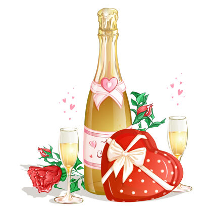 花一瓶香槟 一盒巧克力 两杯葡萄酒和红玫瑰庆典酒精糖果