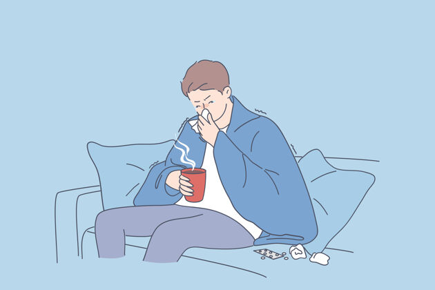 流感悲伤的男人卡通人物坐在沙发上温暖的毛毯热饮和感觉生病和流感喷嚏性格房子病毒
