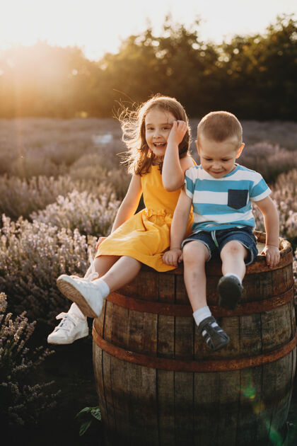 微笑一对可爱的兄妹坐在木桶上 在夕阳映照下的一片花丛中的全长肖像拥抱孩子关系