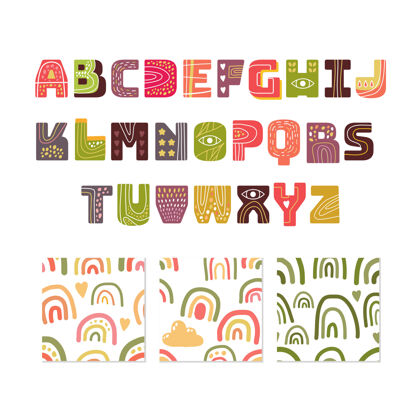 彩虹字母和无缝模式集隔离在白色装饰字体无缝