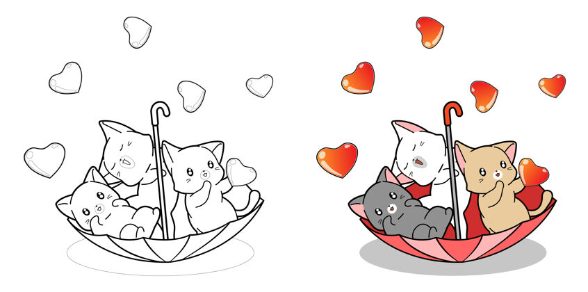 浪漫可爱的猫是在雨伞里用爱的卡通彩页宠物动物心