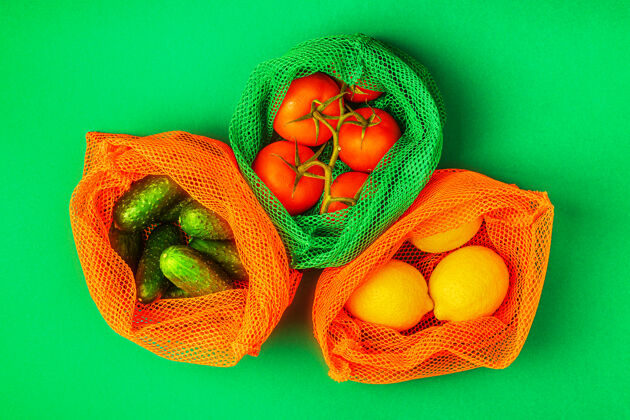 食品可重复使用的纺织网袋中的新鲜水果和蔬菜 环保购物 零浪费理念减少缝纫生产