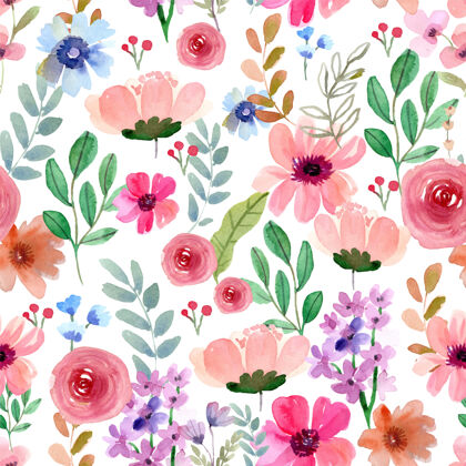 花卉水彩粉色花朵的无缝图案春天水彩树叶图案