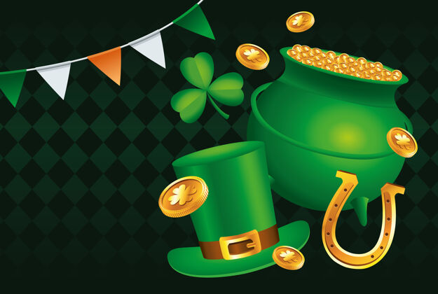 季节快乐圣帕特里克日海报与宝鼎和顶帽插图请柬壶爱尔兰