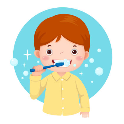 健康可爱的男孩穿着睡衣刷牙卫生口腔儿童