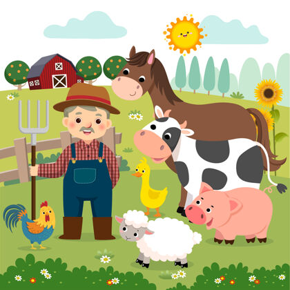 马老农民和农场动物的卡通草围栏猪
