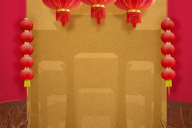 文化挂着红花墙的中国灯笼幸运明亮照明