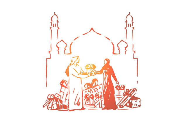 素描互相送礼 神圣的伊斯兰节日庆典插画节日插图斋月