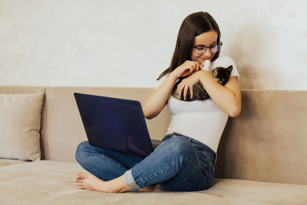 窗户女学生自由职业者工作在家里的任务和她的小可爱的猫玩笔记本电脑沙发科技