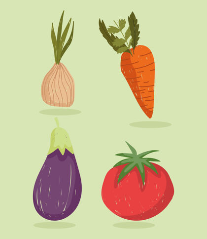 产品蔬菜新鲜食品有机胡萝卜洋葱茄子和番茄图标集插图花园设置胡萝卜