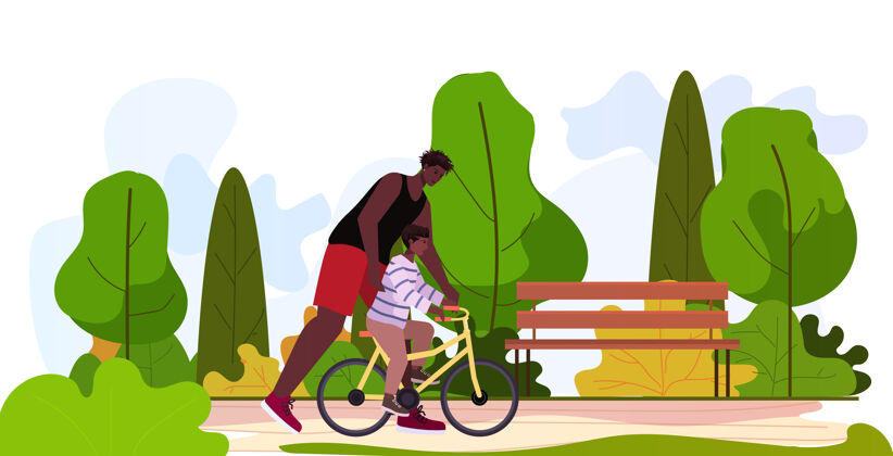 父亲父亲教小儿子骑自行车育儿理念父亲花时间和他的孩子在公园景观背景水平全长童年黑色父亲