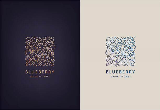 叶子线条标志设计模板蓝莓.自然整体医疗中心 天然和有机食品的徽章商标草药自然