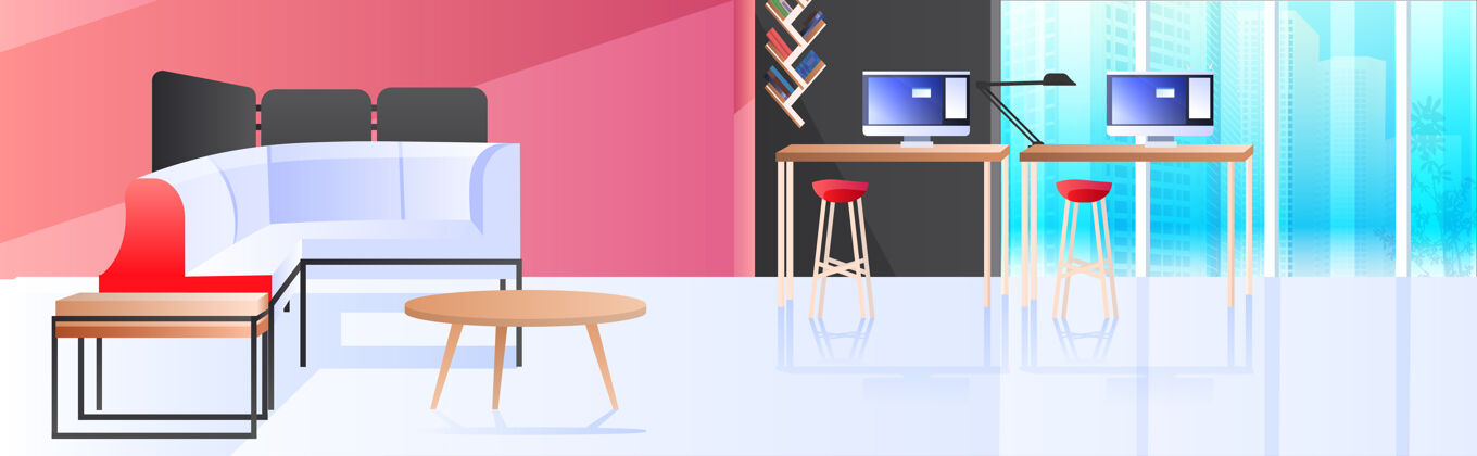 现代橱柜室内创意协同工作中心无人开放空间办公室带家具水平卡通概念日光