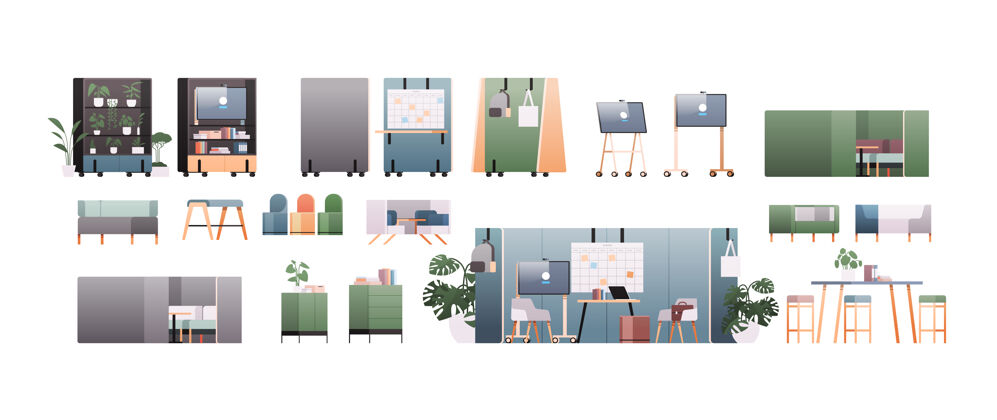 公寓设置办公室内家具不同橱柜元素集合横平插图设备墙壁空