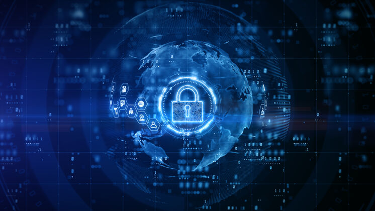 通信网络安全挂锁数字设计与蓝色背景数据全球互联网