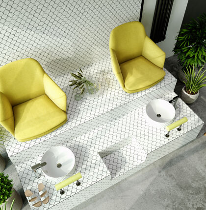瓷砖现代化的美容院内部 白色瓷砖墙壁和地板 黄色的美甲椅三维室内水疗