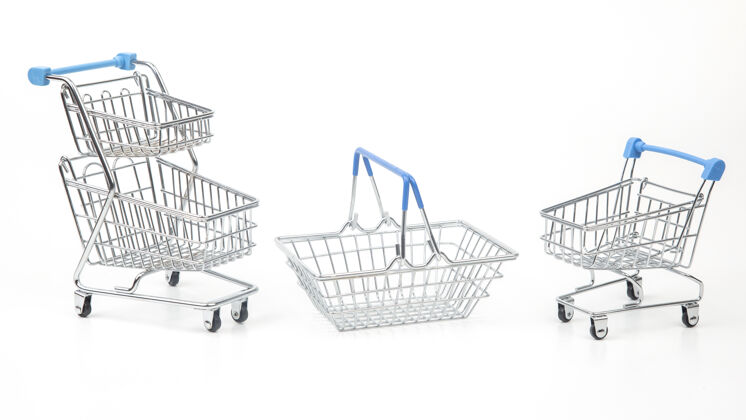 购买购物车和购物篮-白色表面上的杂货电子商务购物超市