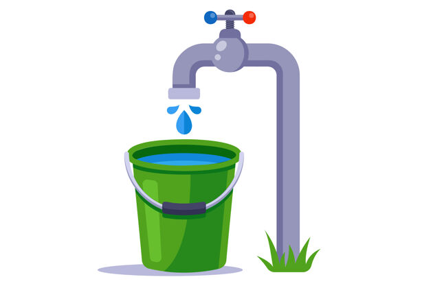 管道把绿色的桶装满水水干净自来水水泵水滴