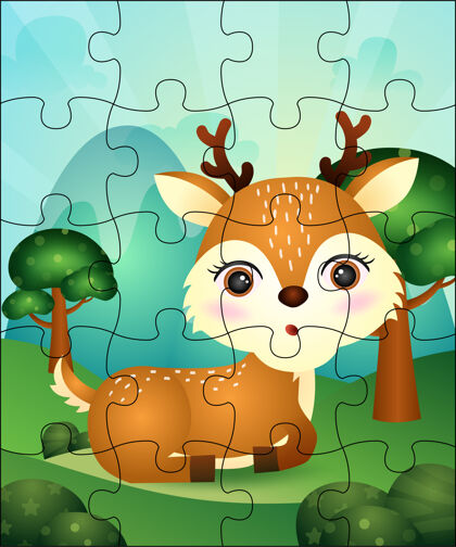 游戏儿童益智游戏与可爱的鹿插图拼图逻辑娱乐