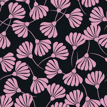 花卉对比随意的无缝图案与粉色花朵轮廓装饰壁纸平面轮廓