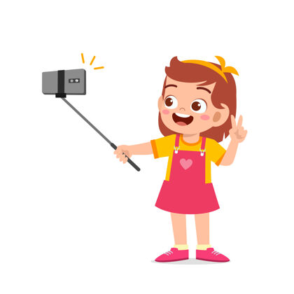 视频日志可爱的小女孩在智能手机插画前摆姿势自拍电话手机脸