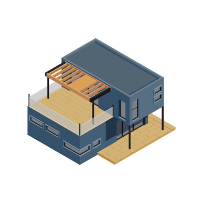 模块模块化框架建筑等距组成与现代小屋孤立的形象由模块起重机框架建筑