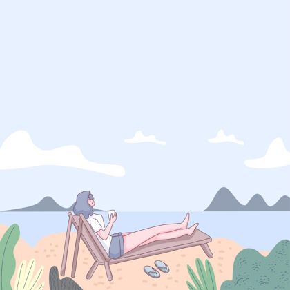 女性年轻女子在海边晒日光浴 在海边度假 热带棕榈树和sand.illustration平展的风格拖鞋旅游热带