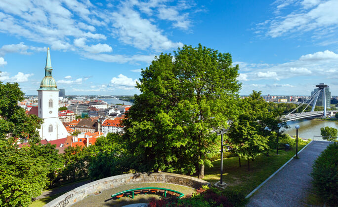 首都从城堡（斯洛伐克）俯瞰布拉迪斯拉发市和多瑙河河流城市景观教堂