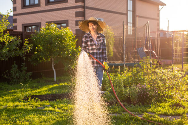 园艺在阳光明媚温暖的夏天 快乐的女园丁穿着工作服在她的菜园里浇水切割器女人剪子
