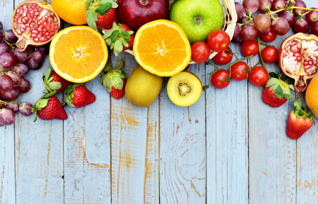 桌子几种水果和蔬菜的顶视图顶视图水果自然