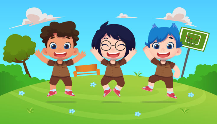 游戏快乐可爱的儿童角色在户外自然背景下跳跃玩具朋友童年