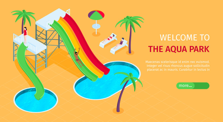 水水上乐园网站等距横幅与水滑梯 游泳池和手掌水上棕榈游泳池