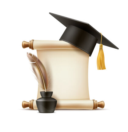 教育现实的毕业符号纸卷轴羽毛羽毛笔在墨水瓶和砂浆学术帽卷轴毕业明亮