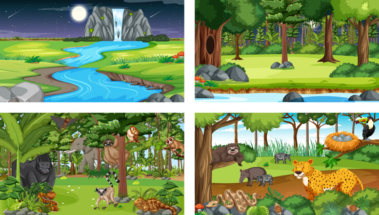 卡通设置不同的森林横向场景与各种野生动物温暖国家生物