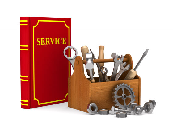 维修木制工具箱与工具和红色服务手册三维插图盒子建筑箱子