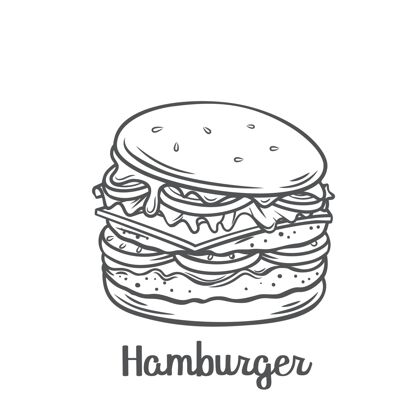 一餐汉堡包或芝士汉堡配美国国旗串图标.绘制快餐外卖餐的菜单咖啡馆设计快餐经典素描