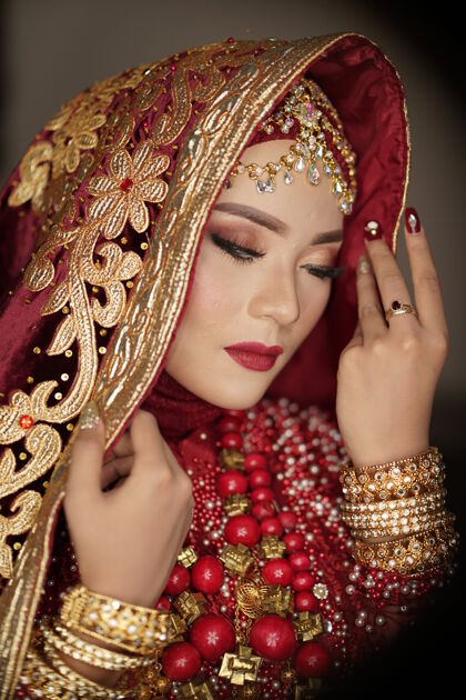 脸美丽的新娘穿着红色和金色的裙子纱丽亚洲人头发