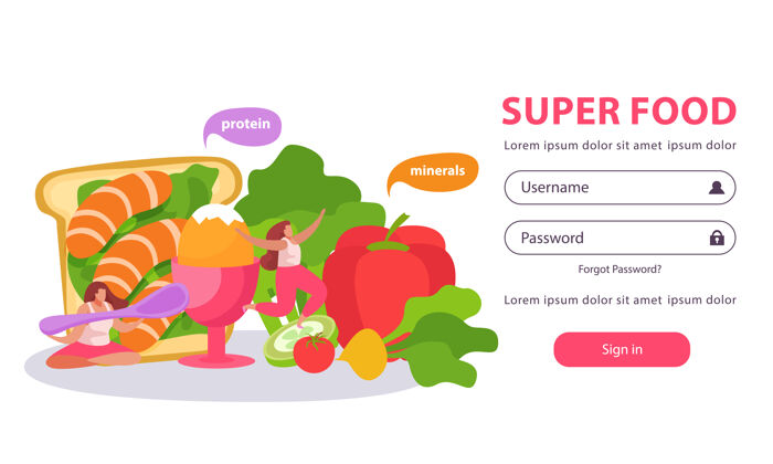 窗体健康和超级食品平面登录页与形式输入用户名和密码涂鸦图片食物平面样式健康