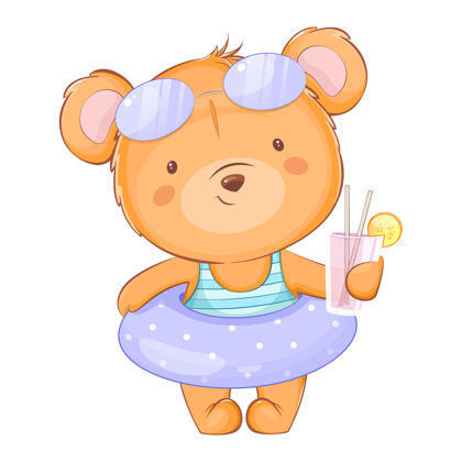 Vintage可爱的小熊穿着泳衣拿着果汁Logo卡通泰迪熊
