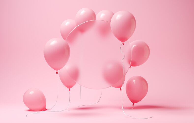 粉红色背景带模糊圆圈的粉红色气球三维粉红色气球光泽
