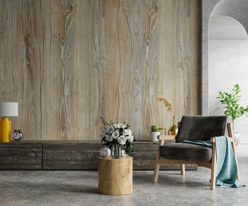 扶手椅木墙安装在一个水泥房扶手椅三维渲染木头房子现代