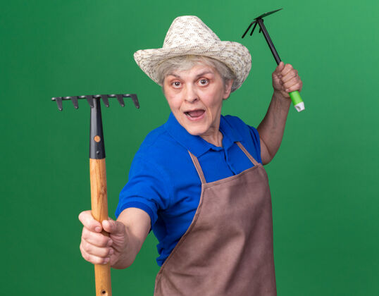 帽子惊讶的上了年纪的女园丁戴着园艺帽拿着耙子和锄头耙子花园惊喜锄